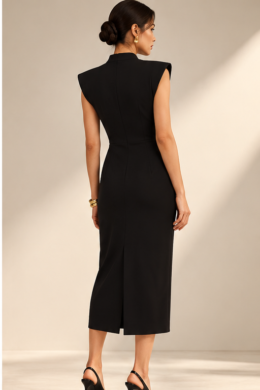 Vestido midi drapeado con cuello alto y lazada frontal – Negro