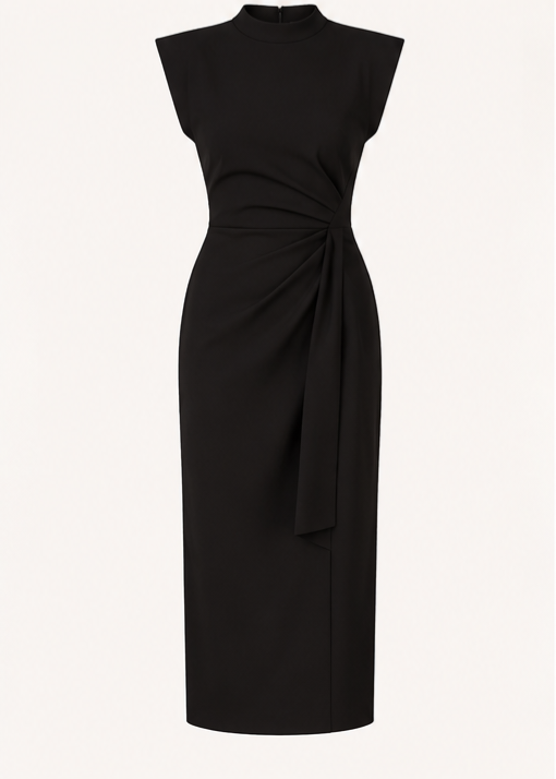High Neck Front-Tie Draped Midi Dress – Black