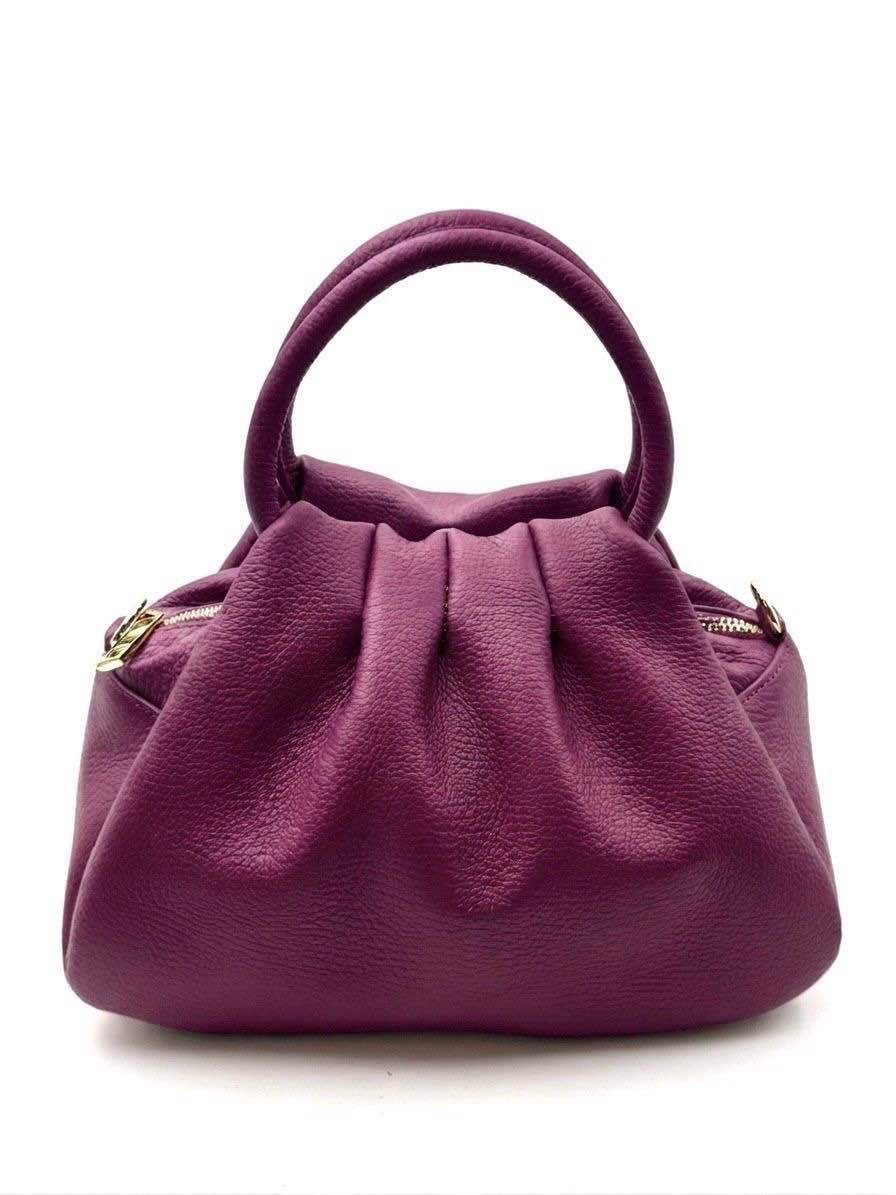 Gathered Italian Leather Convertible Handbag in Deep Purple | AVRENDI