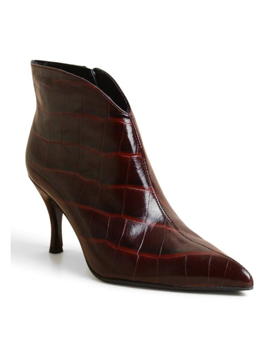 Burgundy Croc-Print Leather V-Cut Ankle Boots | AVRENDI
