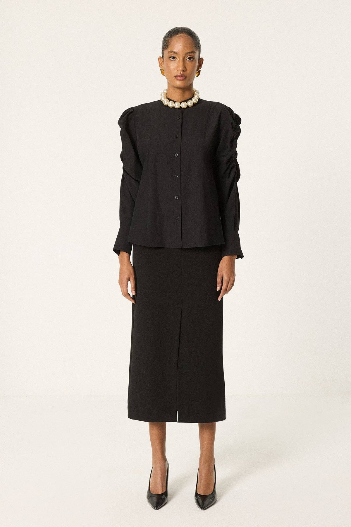 Gathered Sleeve Button-Up Shirt – Elegant Modest Blouse | AVRENDI