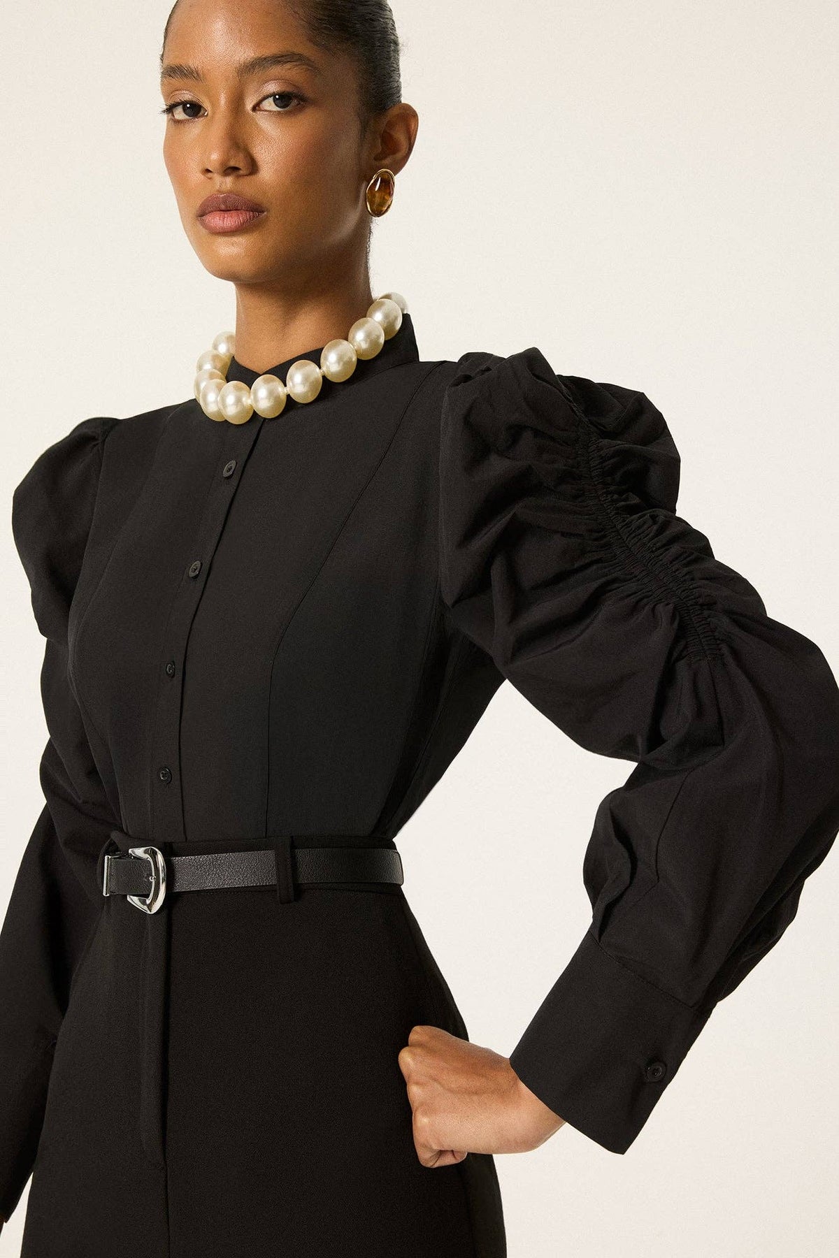 Gathered Sleeve Button-Up Shirt – Elegant Modest Blouse | AVRENDI