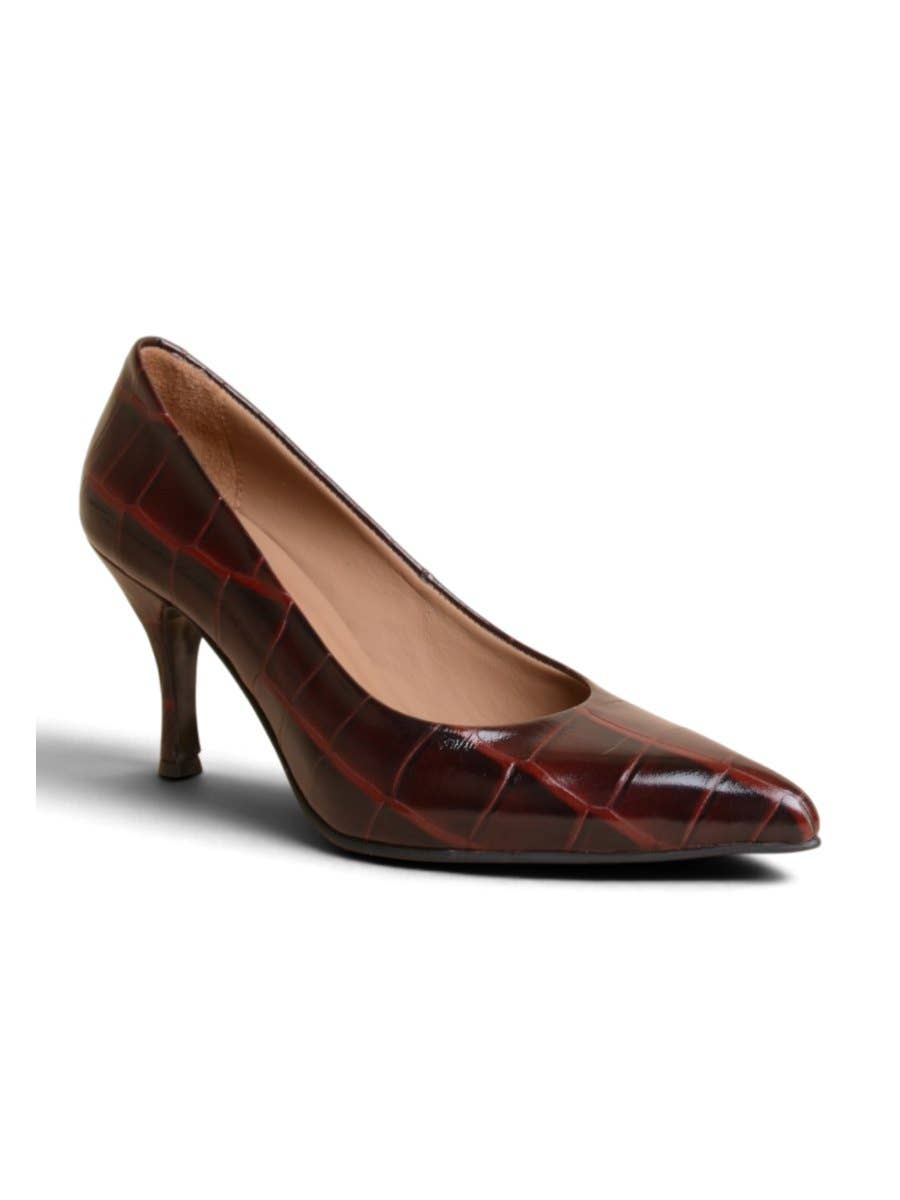 Burgundy Croc-Print Leather Pointed-Toe Pumps | AVRENDI