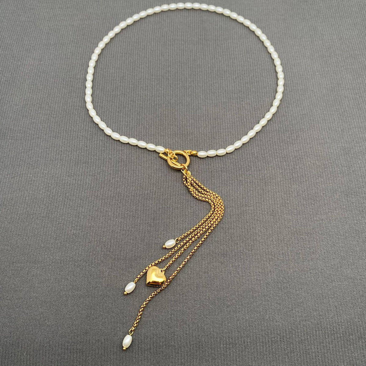 Heart Chain Fringe Pearl Beaded 18K Gold-Plated Stainless Steel Necklace | AVRENDI