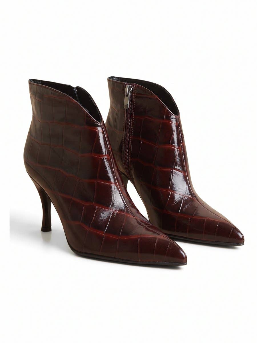 Burgundy Croc-Print Leather V-Cut Ankle Boots | AVRENDI