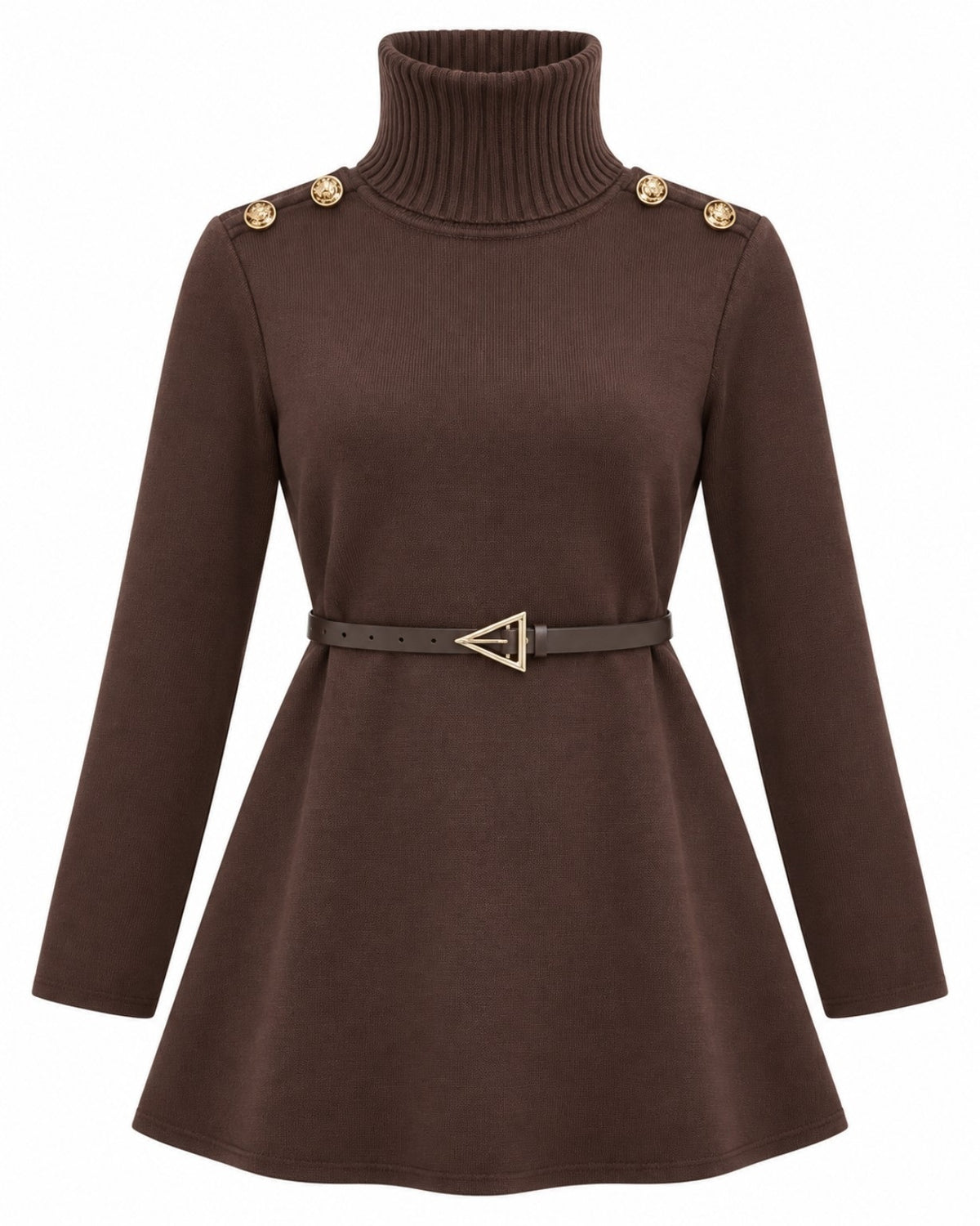 Long Knit Sweater with Stand Collar & Belt