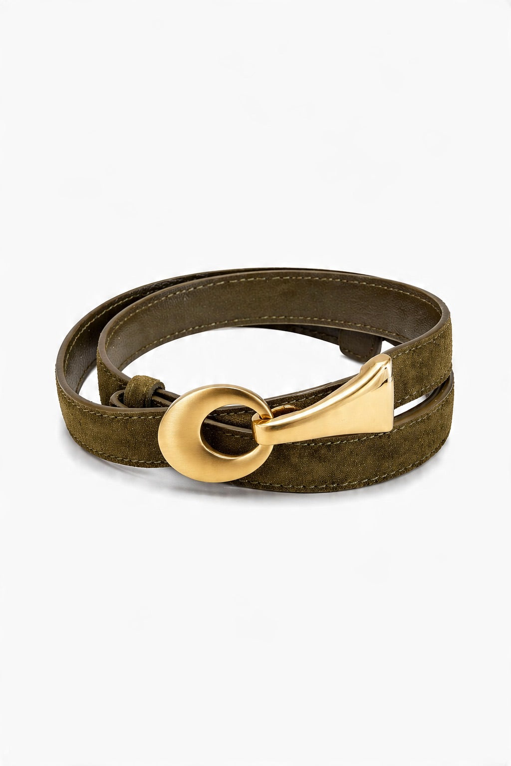 Sculptural-Buckle Genuine Leather Belt in Military Green | AVRENDI