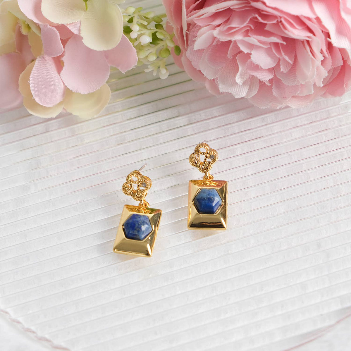 Vintage 18K Gold-Plated Natural Lapis Lazuli Dangle Earrings | AVRENDI