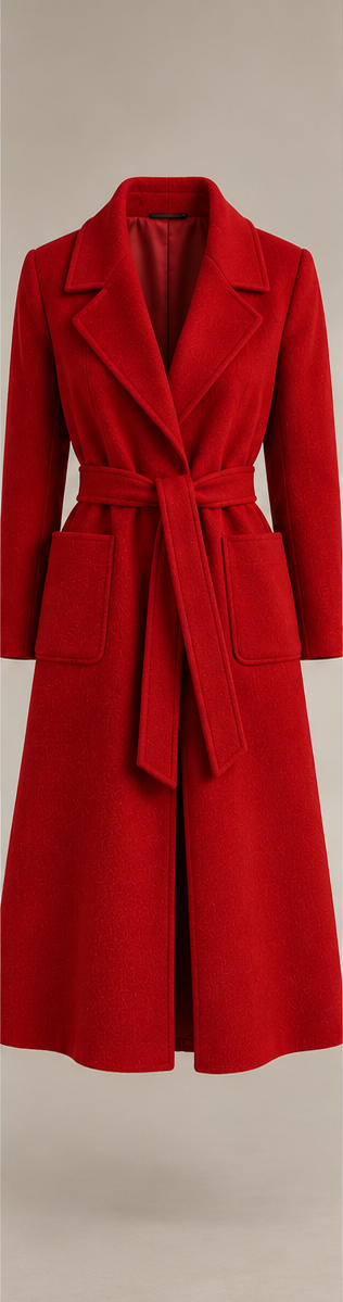AVRENDI red 100% wool belted long coat front product view
