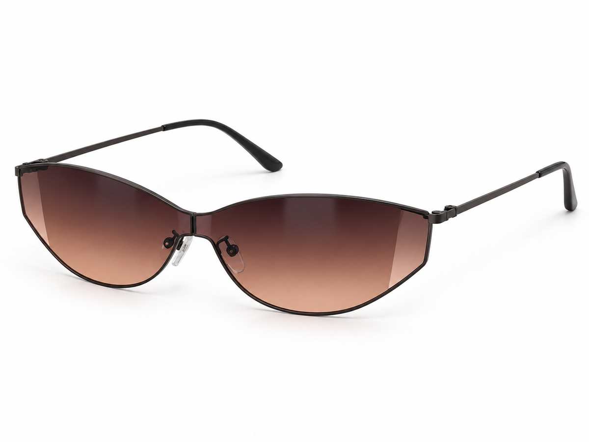 AVRENDI futuristic cat-eye sunglasses in Black-Gray Tea three-quarter view