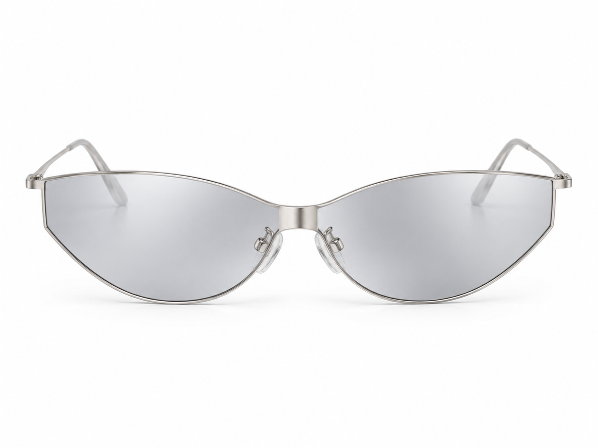 AVRENDI futuristic cat-eye sunglasses in Silver Light Mercury front view