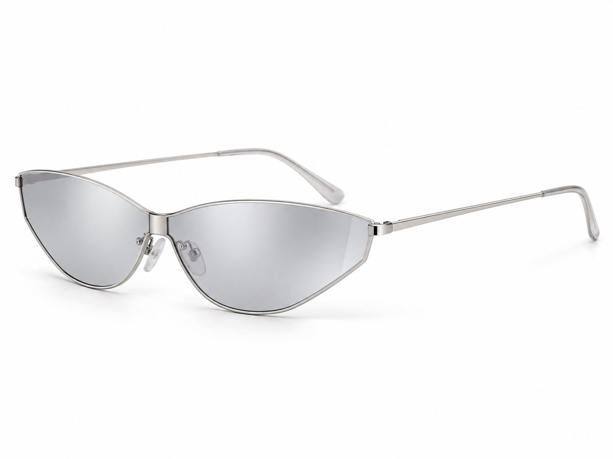AVRENDI futuristic cat-eye sunglasses in Silver Light Mercury side view