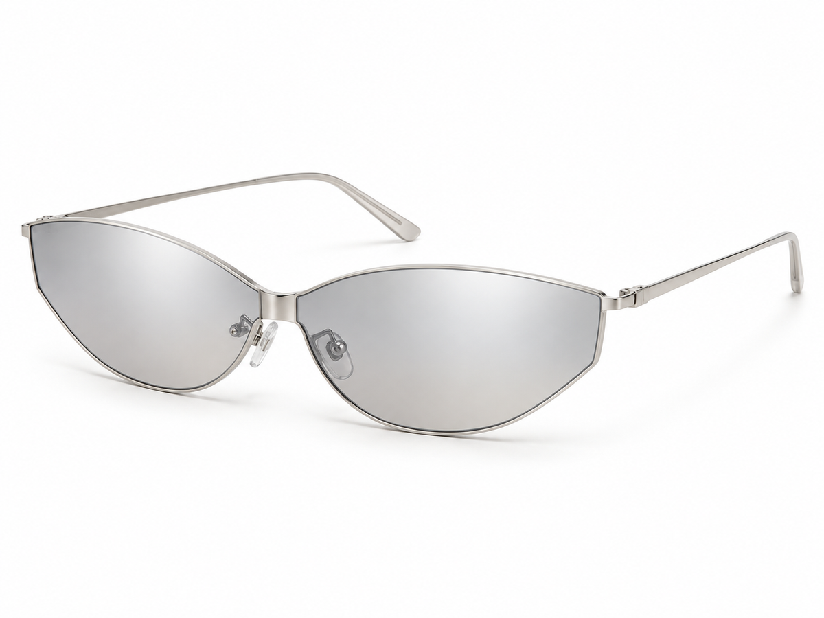 AVRENDI futuristic cat-eye sunglasses in Silver Light Mercury three-quarter view