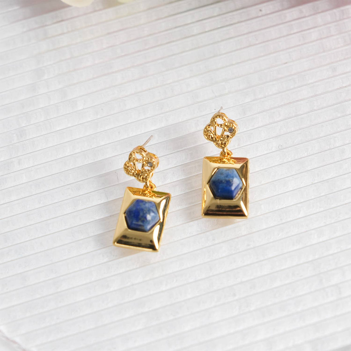 Vintage 18K Gold-Plated Natural Lapis Lazuli Dangle Earrings | AVRENDI