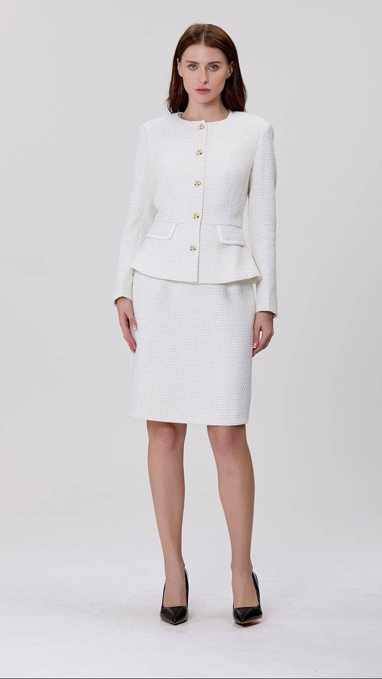 Textured Tailored Jacket with Jeweled Buttons | AVRENDI
