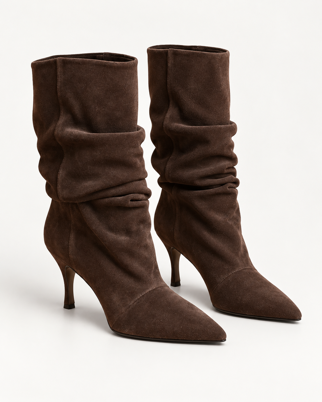 Brown Suede Pointed-Toe Slouch Boots