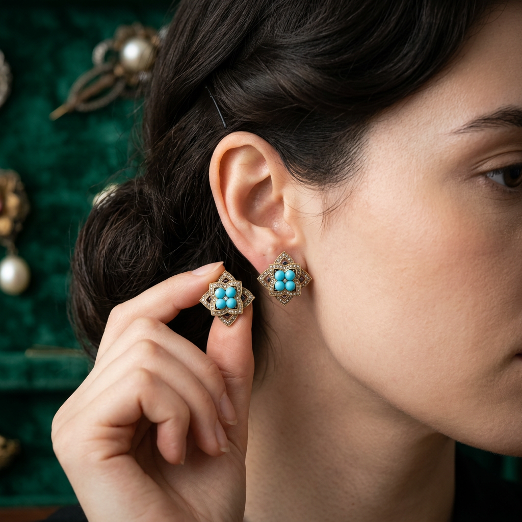 Vintage 18K Gold-Plated Enamel Turquoise & Crystal Earrings | AVRENDI