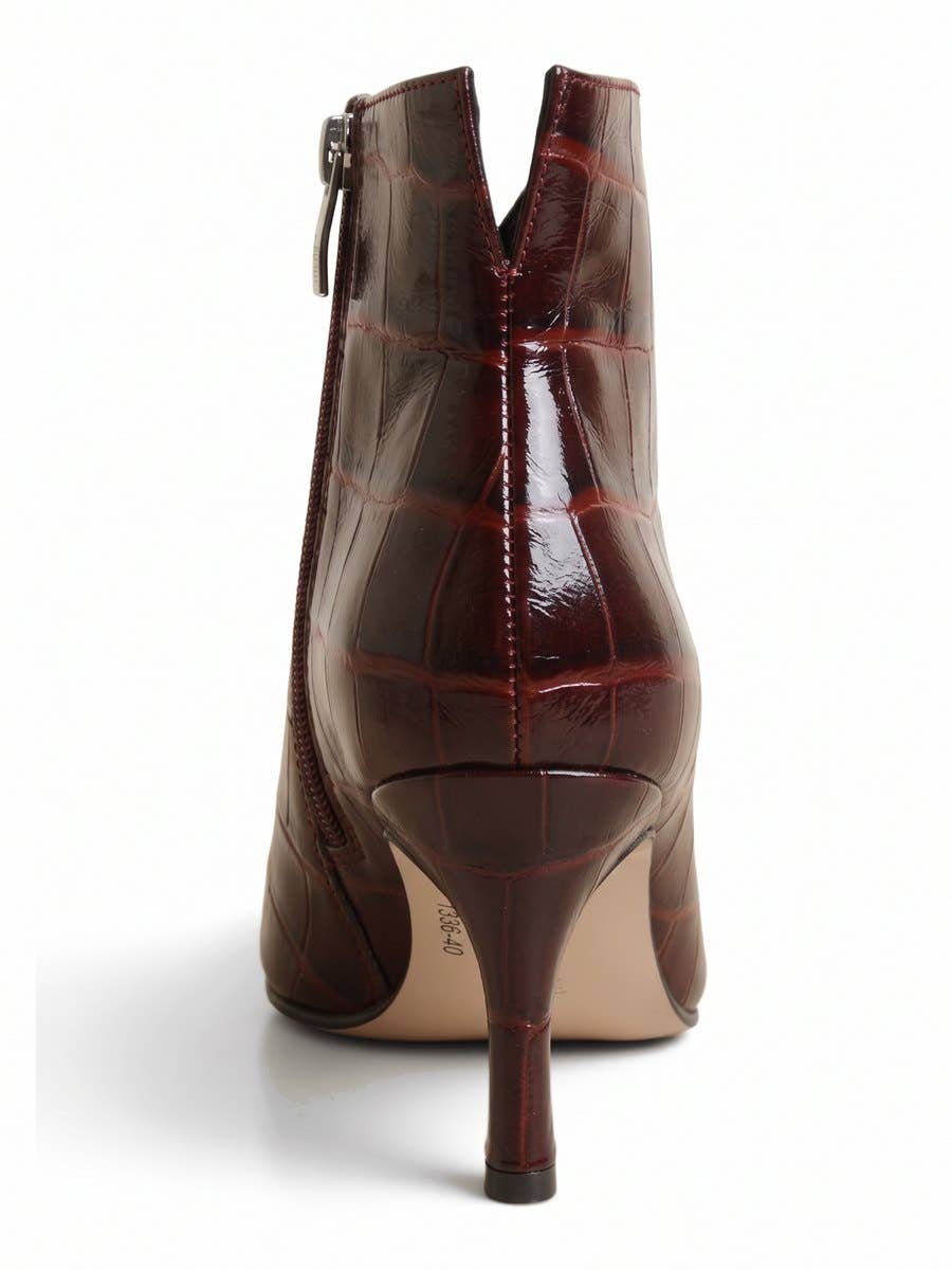 Burgundy Croc-Print Leather V-Cut Ankle Boots | AVRENDI