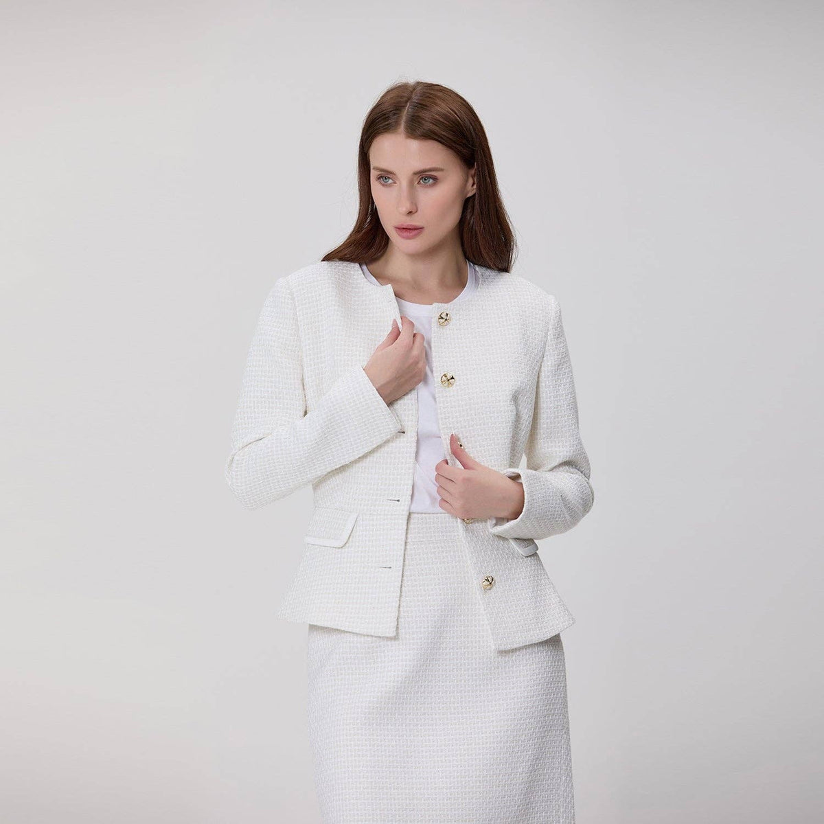 Textured Tailored Jacket with Jeweled Buttons | AVRENDI
