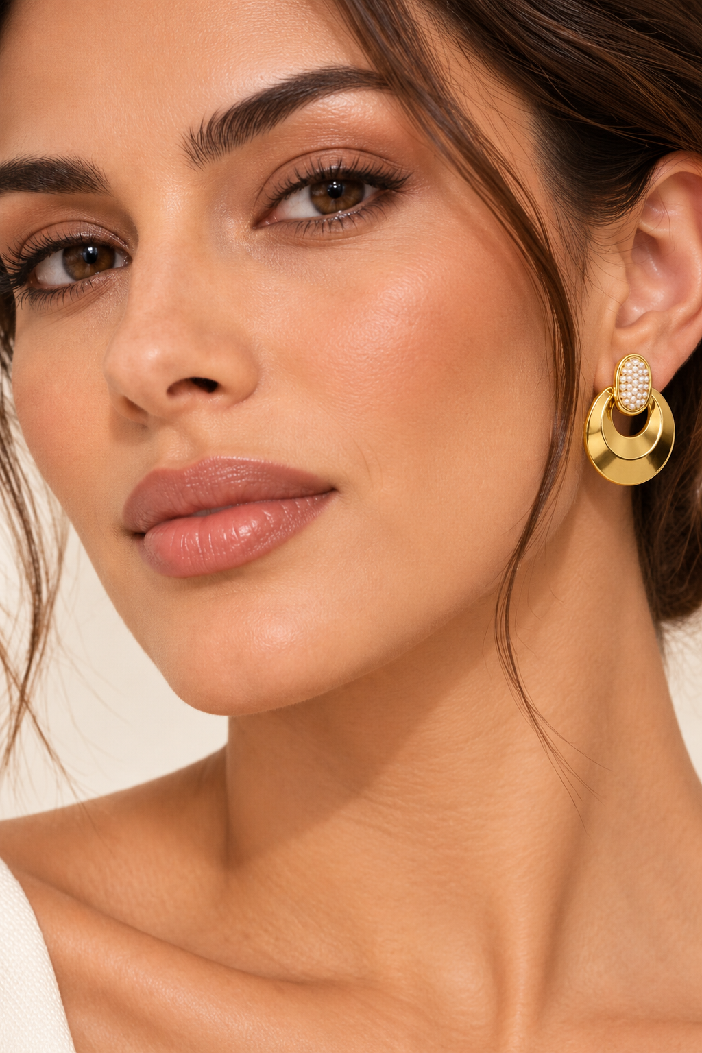 Pearl Inlaid Glossy Geometric 18K Gold-Plated Stainless Steel Earrings