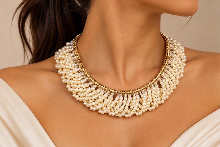 Vintage Elegant 18K Gold-Plated Handwoven Pearl Necklace