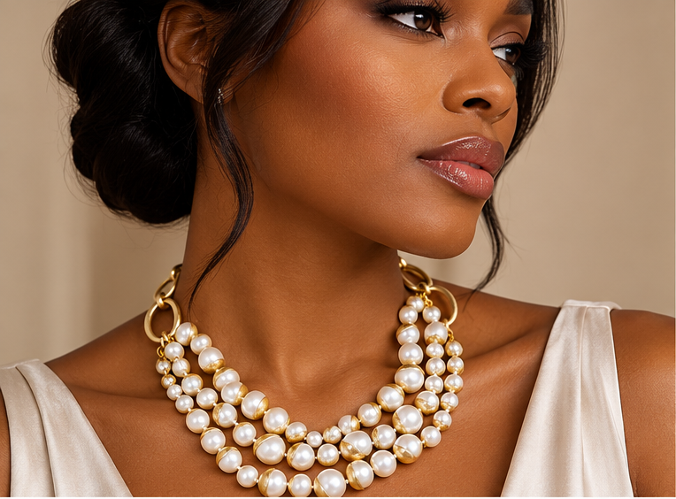 Elegant Vintage Triple-Strand Pearl Necklace Gold Accents