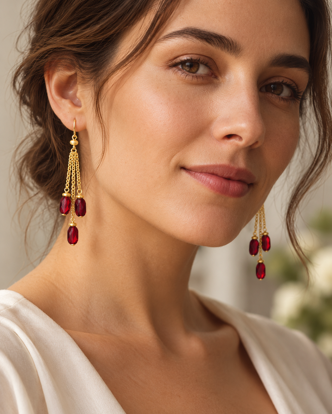 Vintage 18K Gold-Plated Red Crystals Tassel Earrings