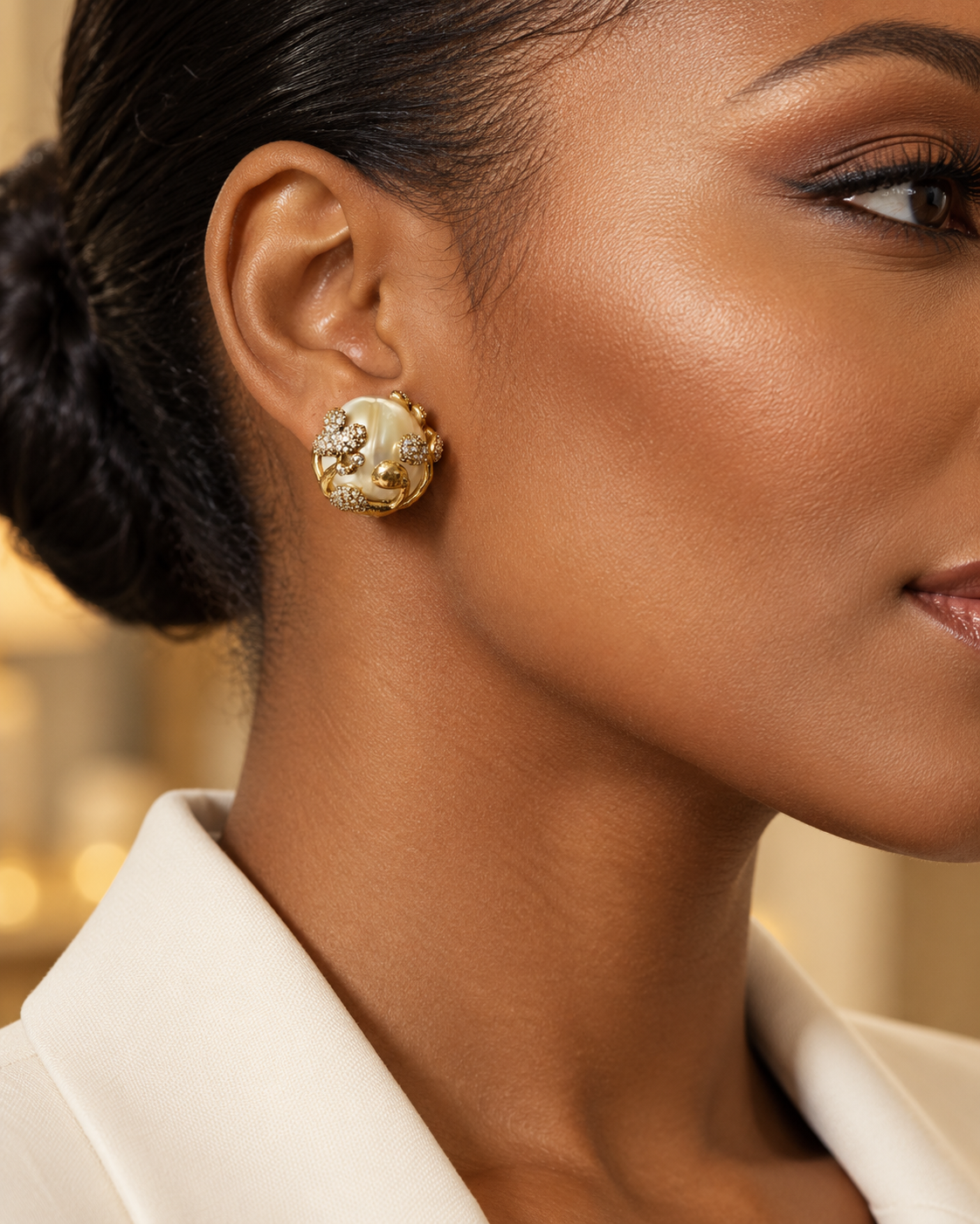 Elegant Natural Baroque Pearl Earrings with Gold Vines