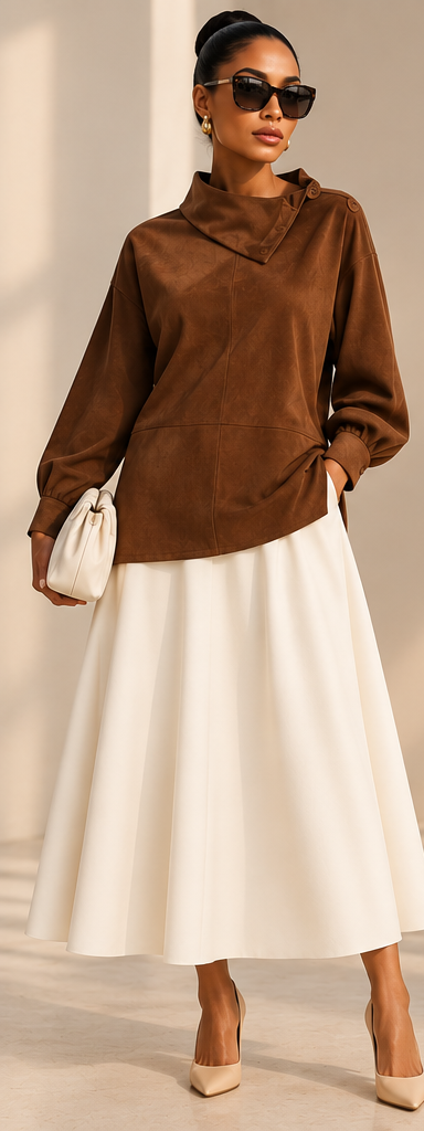 Asymmetrical-Neck Suede Tunic in Camel | AVRENDI
