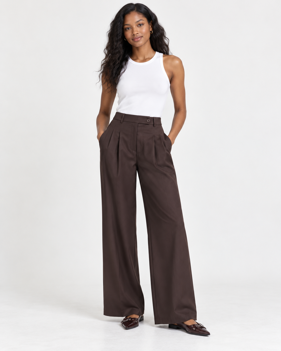 Pantalones de tiro alto con doble pinza y pierna ancha