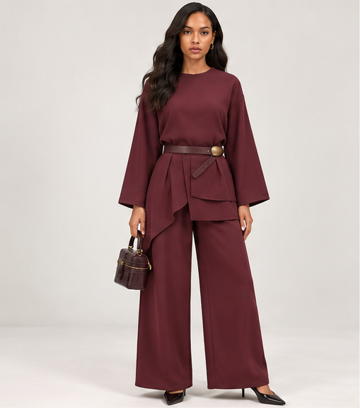 Conjunto de blusa con cinturón y pantalón de pierna ancha