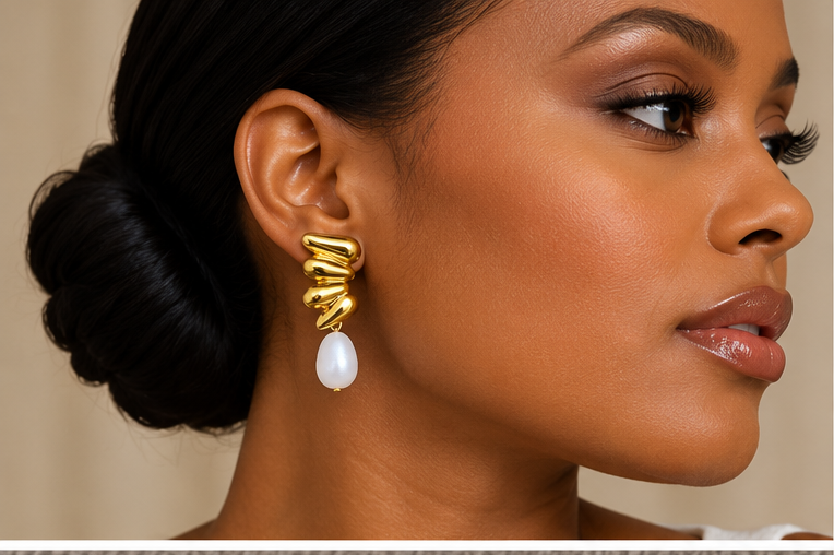 Pearl Glossy Geometric 18K Gold-Plated Stainless Steel Earrings