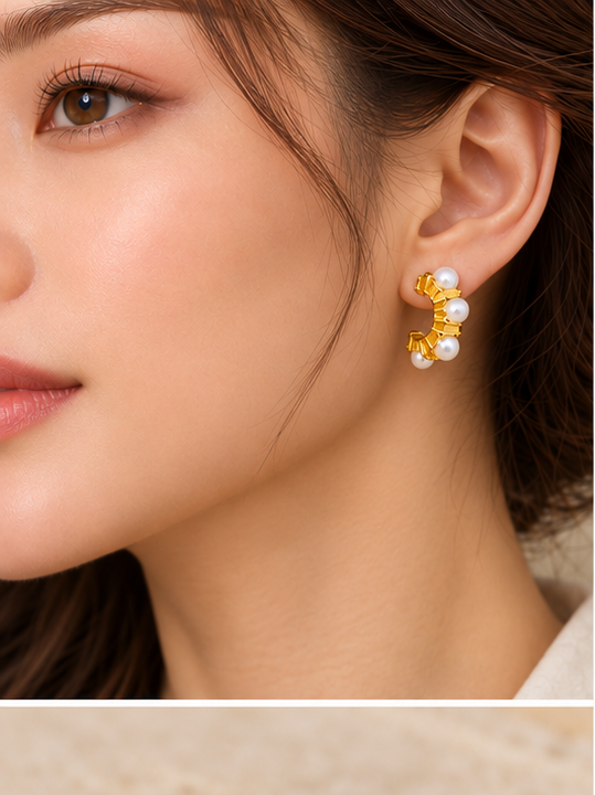 Pearl Inlaid C-shape 18K Gold-Plated Stainless Steel Earrings