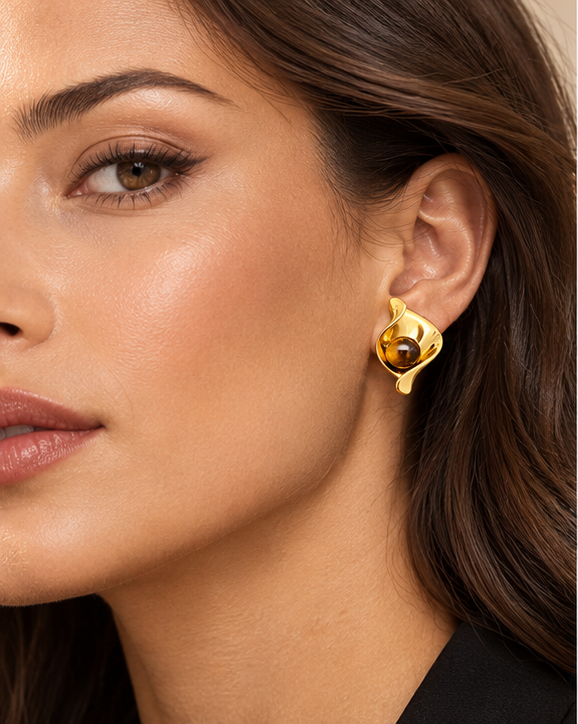 Tiger's Eye Stone Geometric 18K Gold-Plated Stainless Steel Earrings