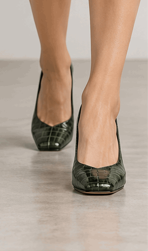 Green Croc-Print V-Seam Block-Heel Pumps