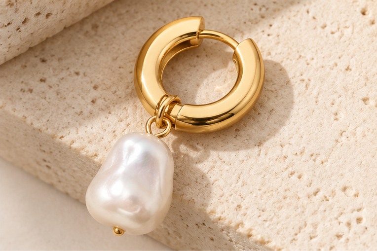 Boucles d'oreilles créoles avec pendentif perle en acier inoxydable 18K