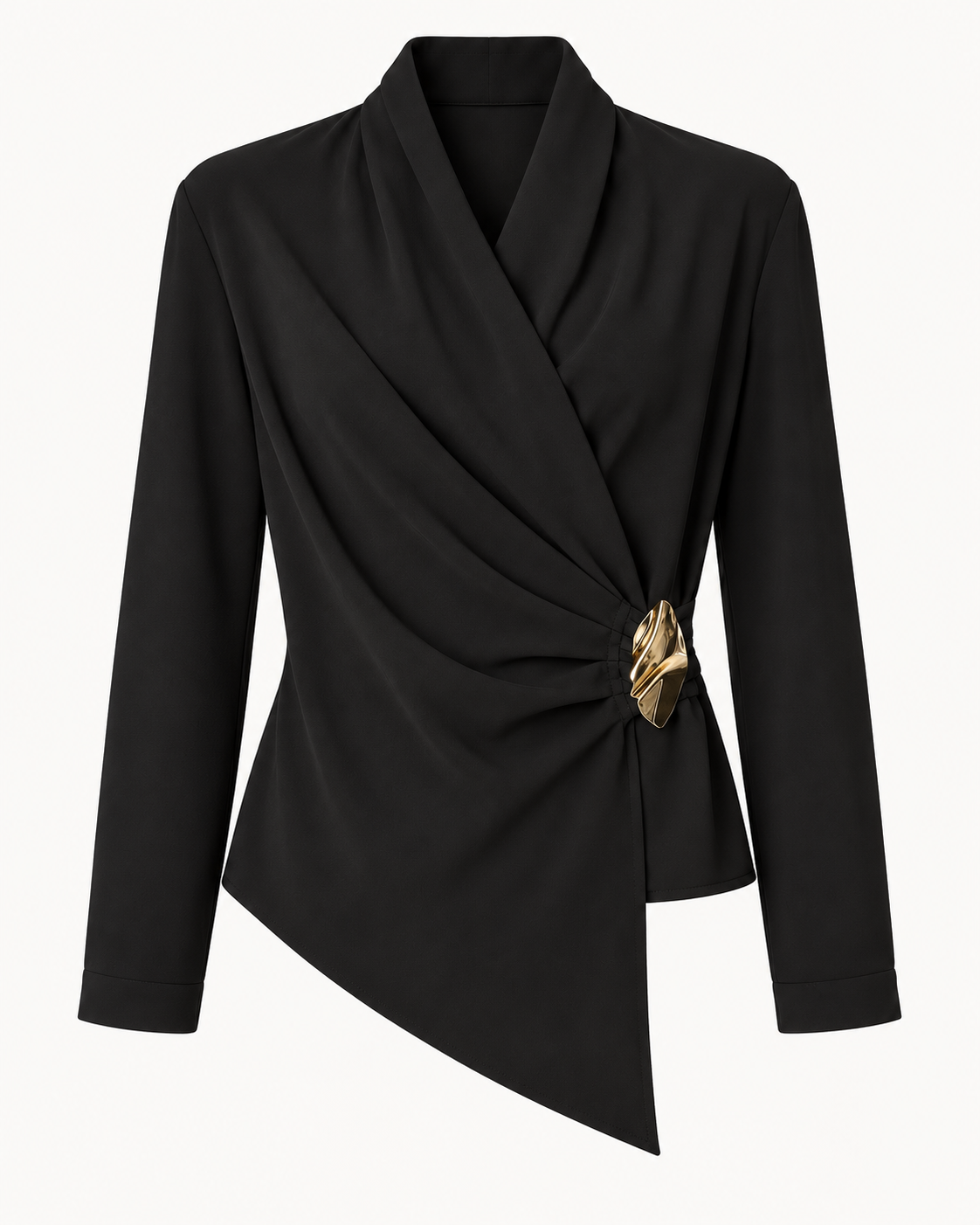 Draped Satin Wrap Blouse – Elegant Asymmetric Long Sleeve