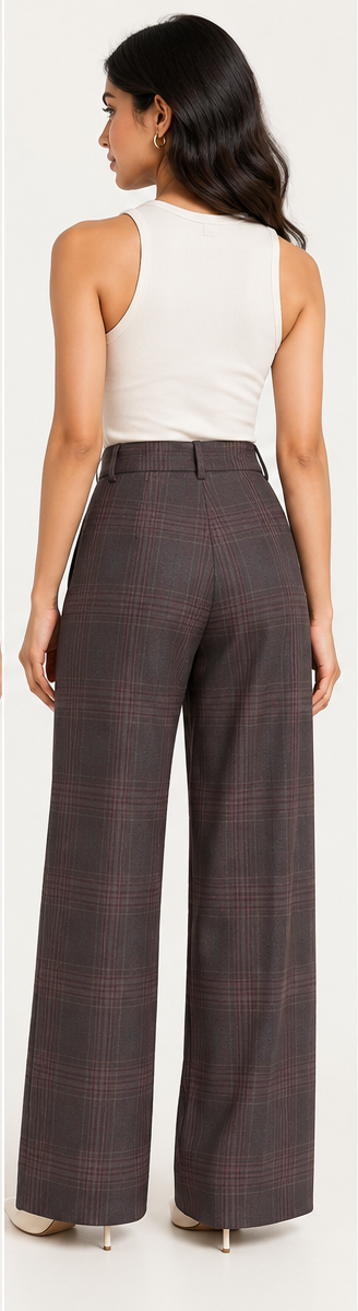 Coffee Plaid High-Waist Straight-Leg Trousers