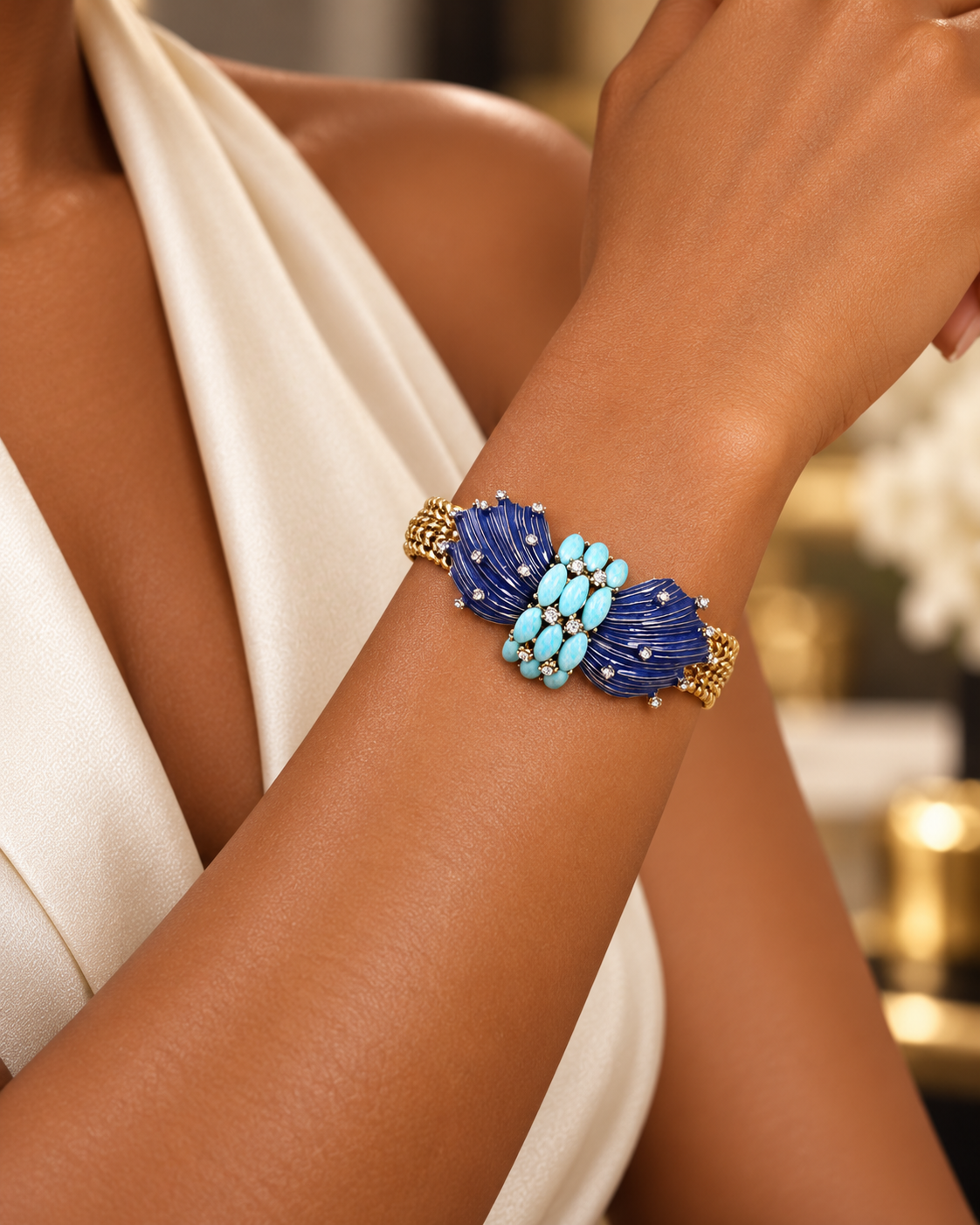 Pulsera vintage de esmalte y turquesa bañada en oro de 18 quilates