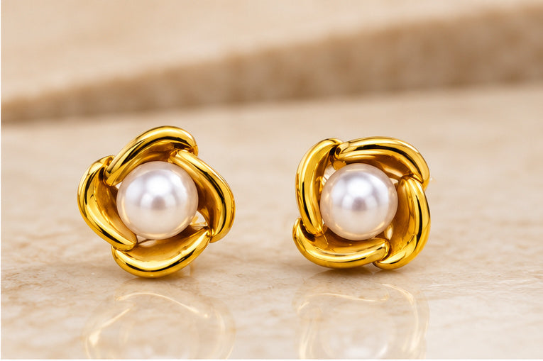 Pearl Inlaid Mini 18K Gold-Plated Stainless Steel Stud Earrings