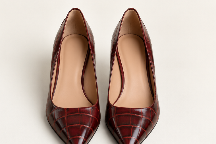 Burgundy Croc-Print Leather Pointed-Toe Pumps
