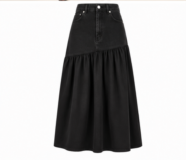 Denim & Poplin A-Line Maxi Skirt – High Waist Color Block