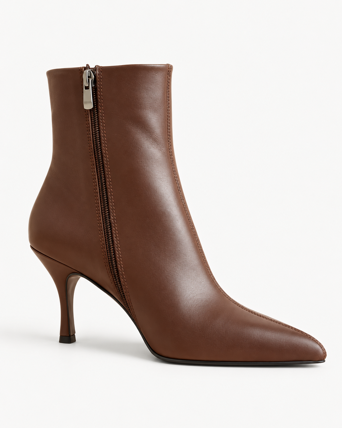 Brown Leather Pointed-Toe Stiletto Ankle Boots