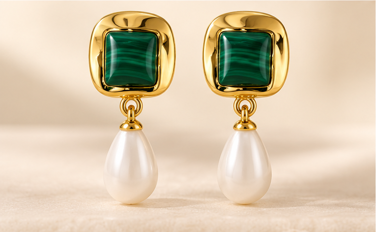Elegant 18K Gold-Plated Malachite & Pearl Drop Earrings