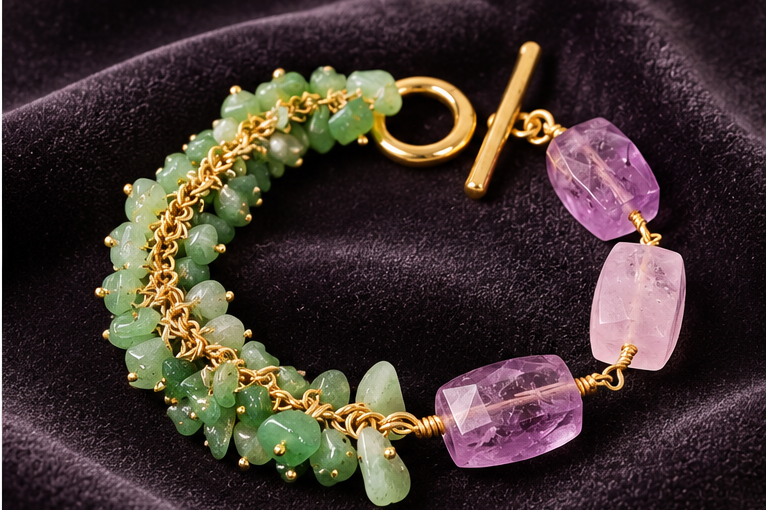 Pulsera vintage de amatista natural y esquirlas de jade chapada en oro