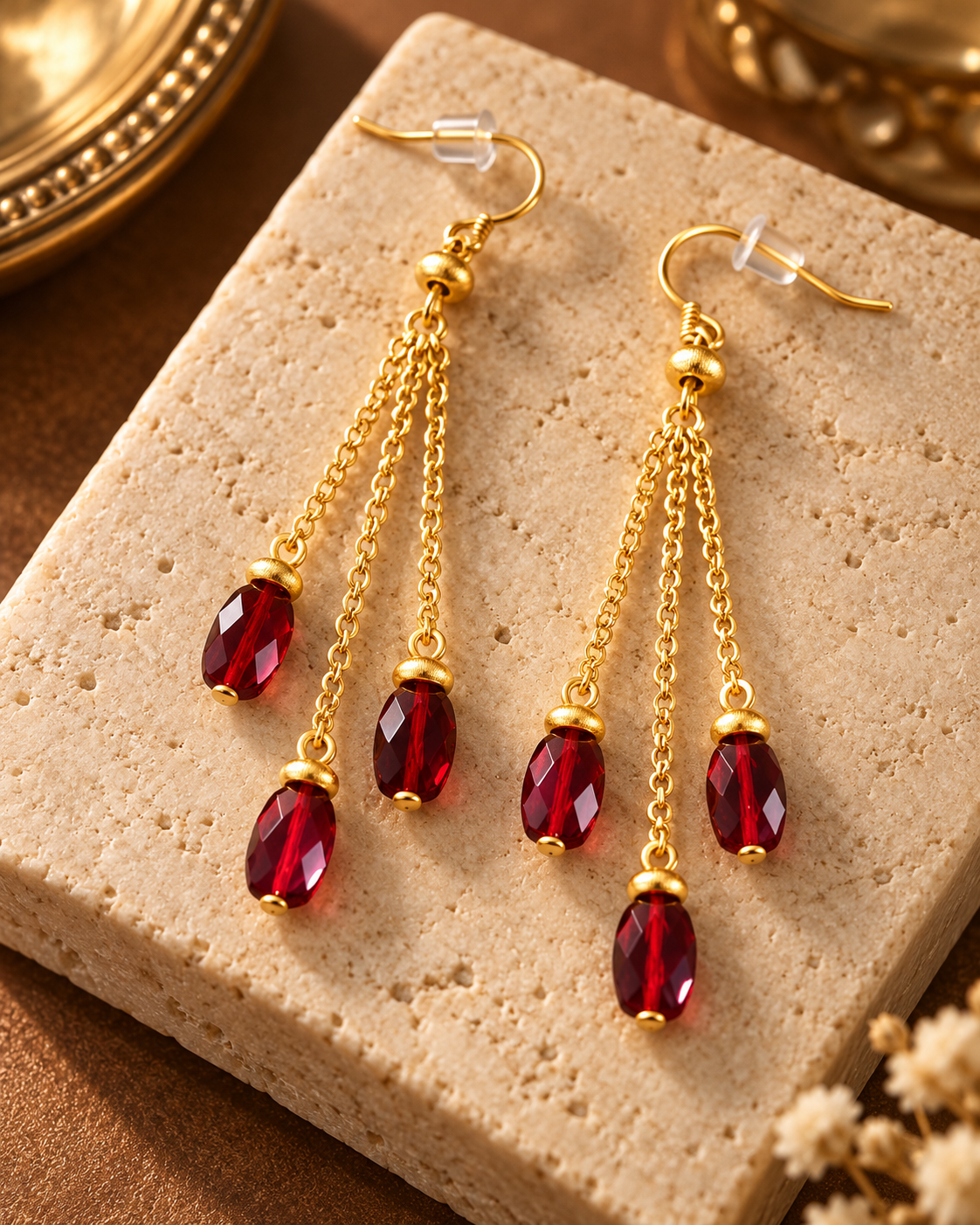 Boucles d'oreilles vintage à pampilles, plaqué or 18 carats et cristaux rouges