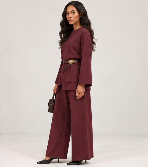 Conjunto de blusa con cinturón y pantalón de pierna ancha