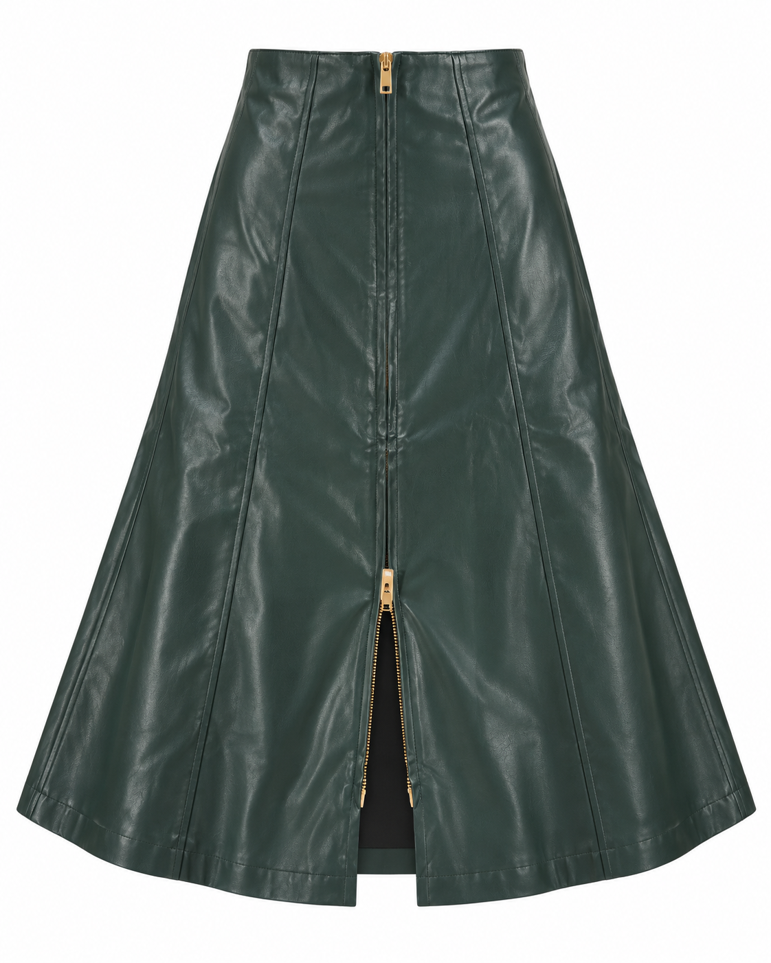 Flared Faux-Leather Midi Skirt with Front Zip