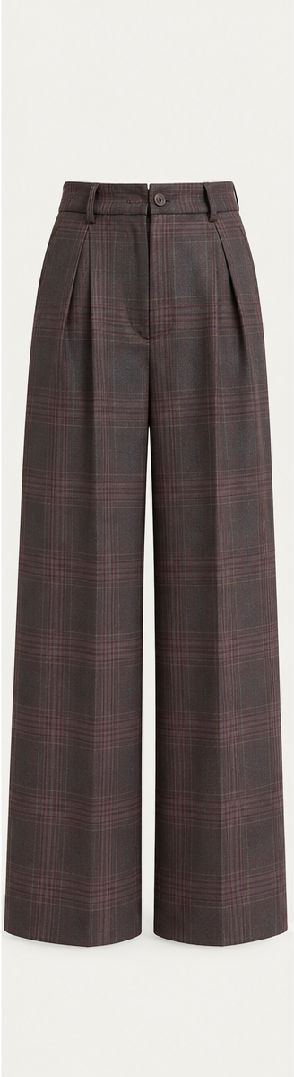Pantalones de corte recto y cintura alta con estampado de cuadros en color café