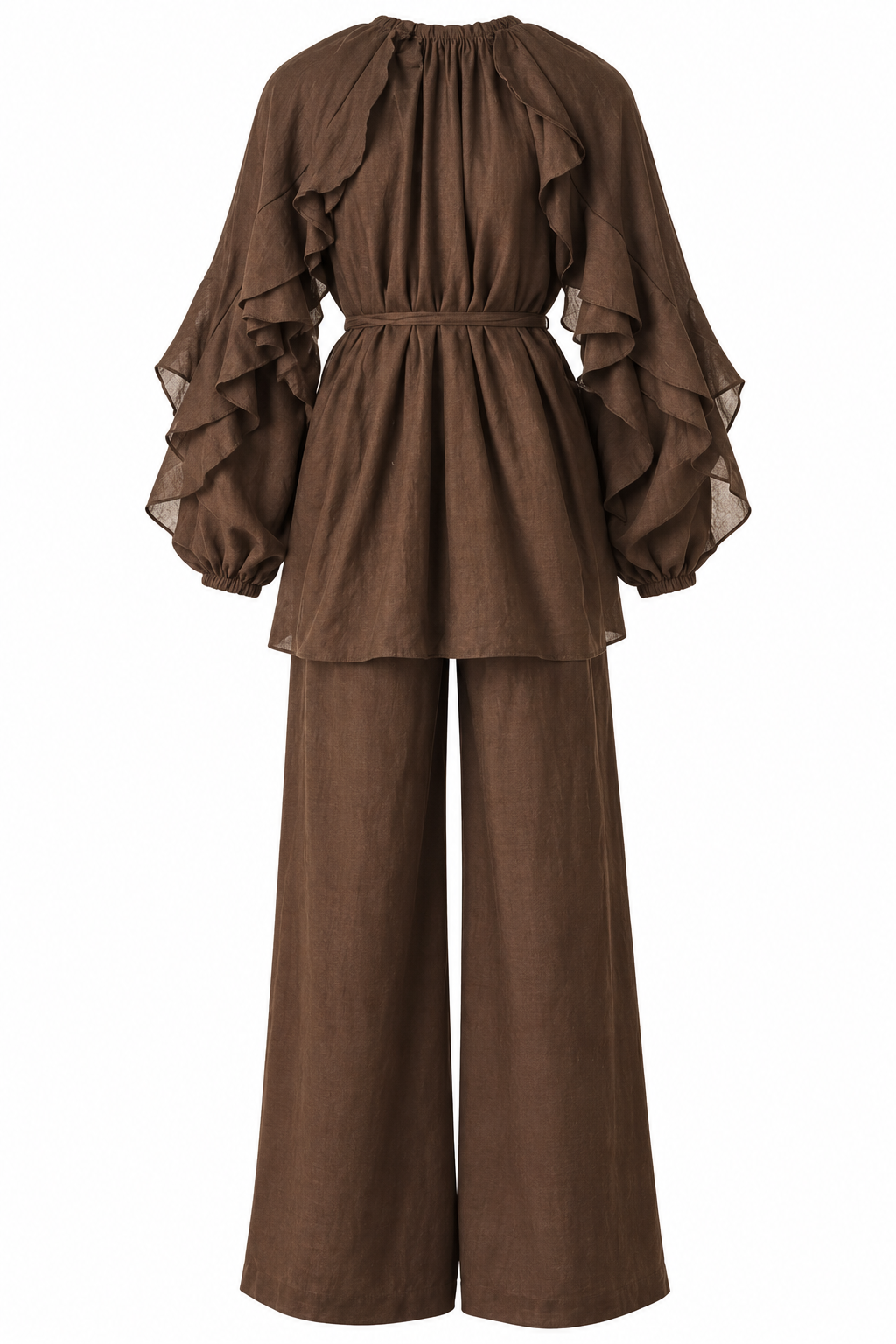 Cupro Ruffle Sleeve Tunic & Wide-Leg Pants Co-Ord Set